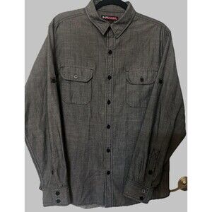 Hawk Men Large Button Up Cotton Blend Charcoal Gray Roll Tab Pocket Long Sleeves